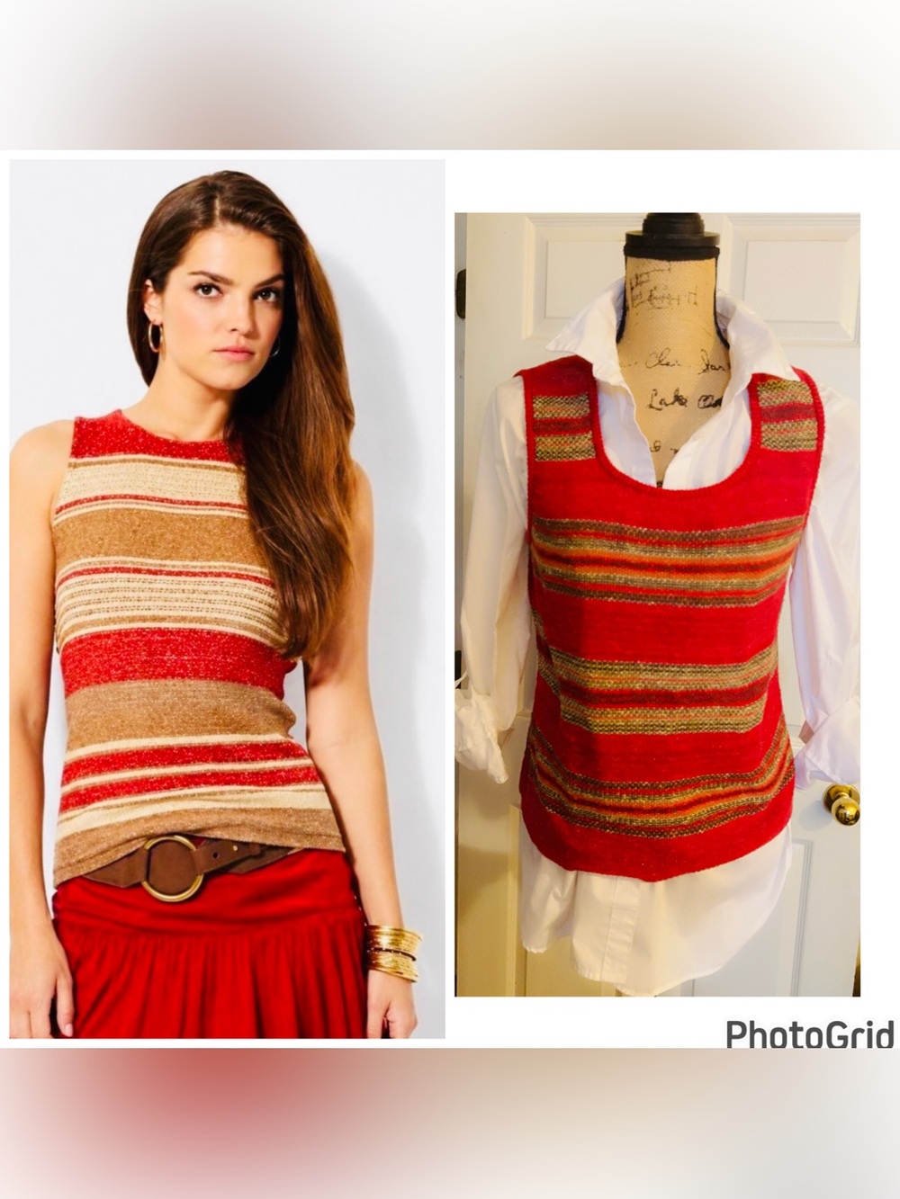 Lauren Ralph Lauren Red, Tan and Orange Striped Linen-Blend Knit Vest PM